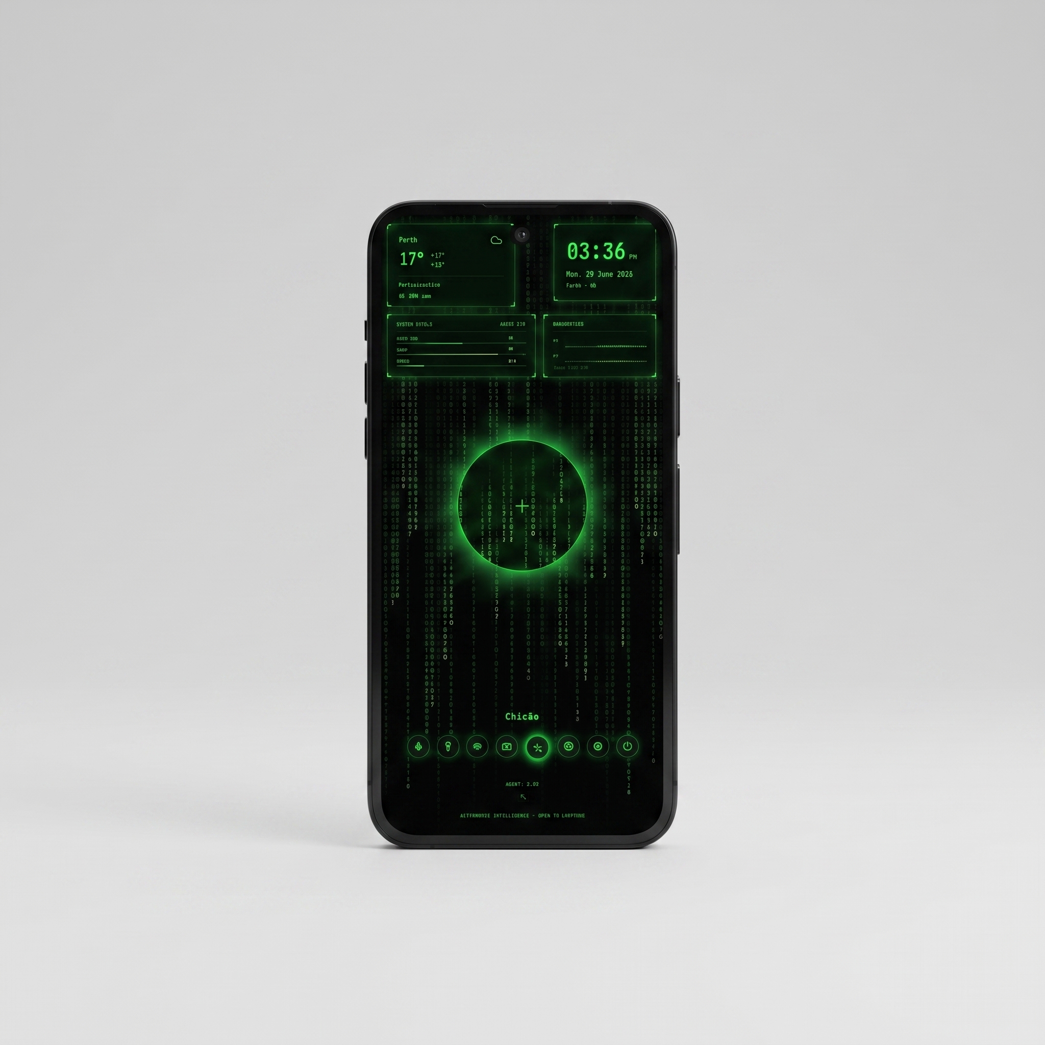 Phone running AGENT.i4 in the Matrix theme